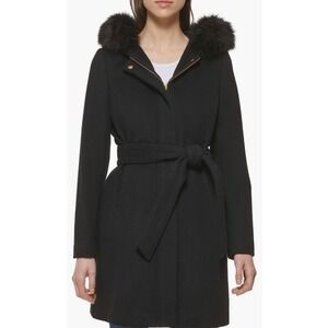 Cole Haan Signature Faux Fur Trim Wool Blend Jacket,‎ Size 10, Black, NWT